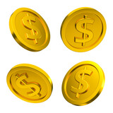 Golden dollar sign four coins isolated. Currency money set concept. 3d rendering.