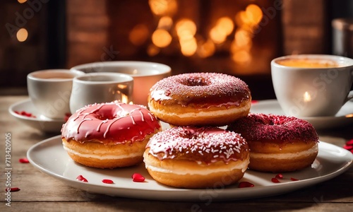 Donuts with coffee  tea   Valentine s day concept