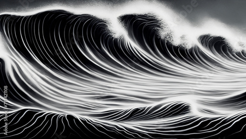 Wallpaper in black, white and shades of gray with a wavy pattern of sea waves 4K