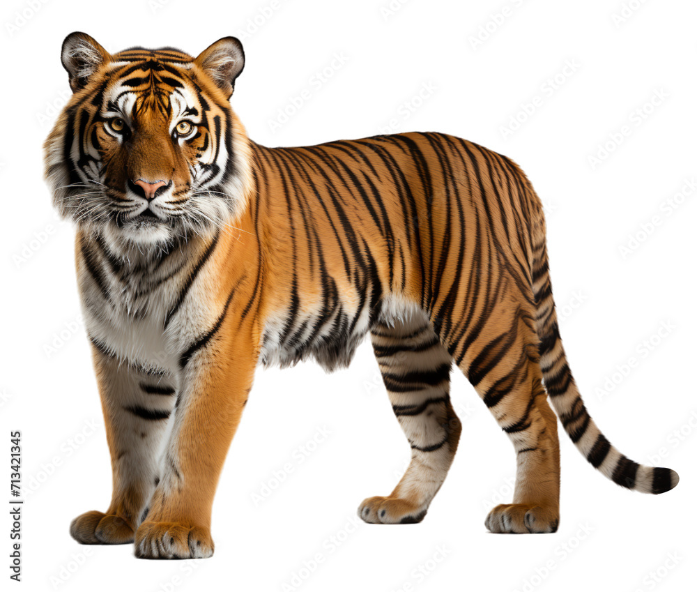 Portrait of a standing tiger animal seen on the side isolated on a transparent background. generative ai