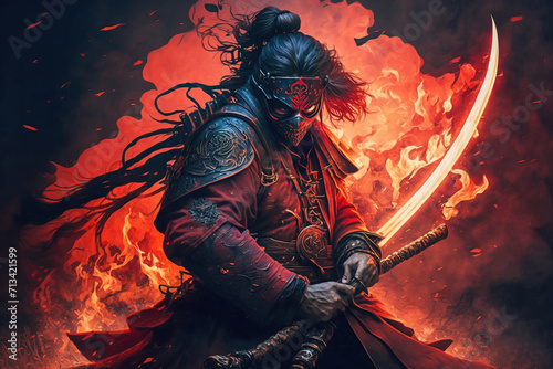 A samurai in a demonic red mask