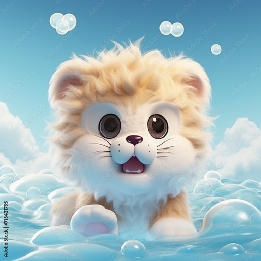 Cute and adorable cartoon fluffy lion roaring water Ai generated art