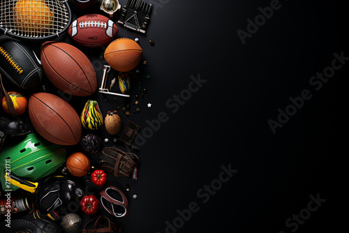 Sports equipment on black background. Top view with copy space. Flat lay