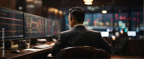 Japanese business people wearing suits in an office, seated in front of a commanding monitor tailored for widescreen photo