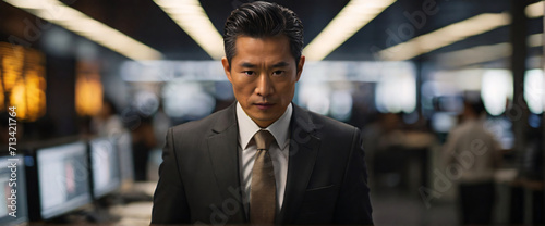 Japanese business people wearing suits in an office, seated in front of a commanding monitor tailored for widescreen