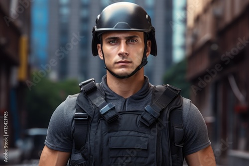 a civilian, a young man in a helmet and bulletproof vest, portrait. a guy in personal protective equipment. photo