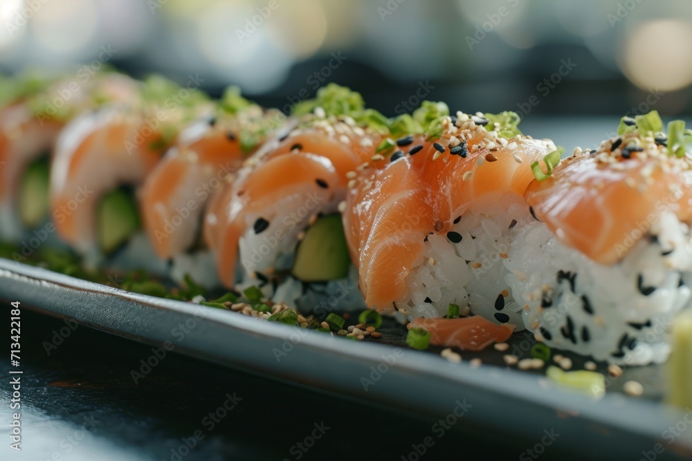 Sushi rolls with fresh sashimi slices offer a visual and flavorful feast, promising the delicate taste of fresh fish and the artistry of Japanese culinary finesse. Sushi rolls with fresh sashimi slices offer a visual and flavorful feast, promising the delicate taste of fresh fish and the artistry of Japanese culinary finesse.