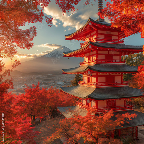 Generative AI, Autumn Splendor at Chureito Pagoda: Majestic Mount Fuji View in Fall Colors