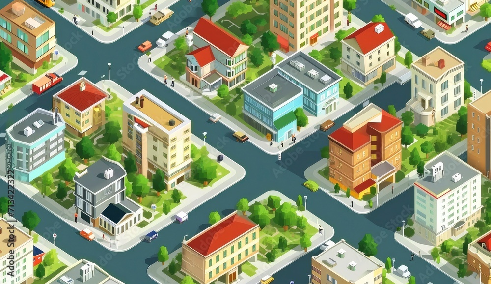 City buildings isometric composition with streets and modern residential houses