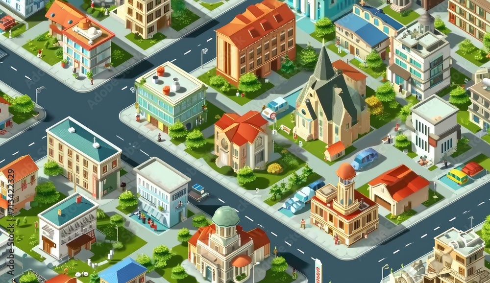 City buildings isometric composition with streets and modern residential houses