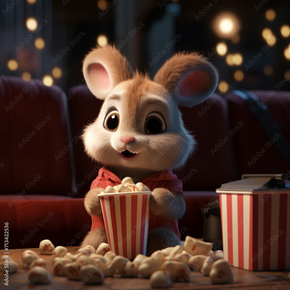 Cute little rabbit is sitting and eating in the cinema Ai generated art