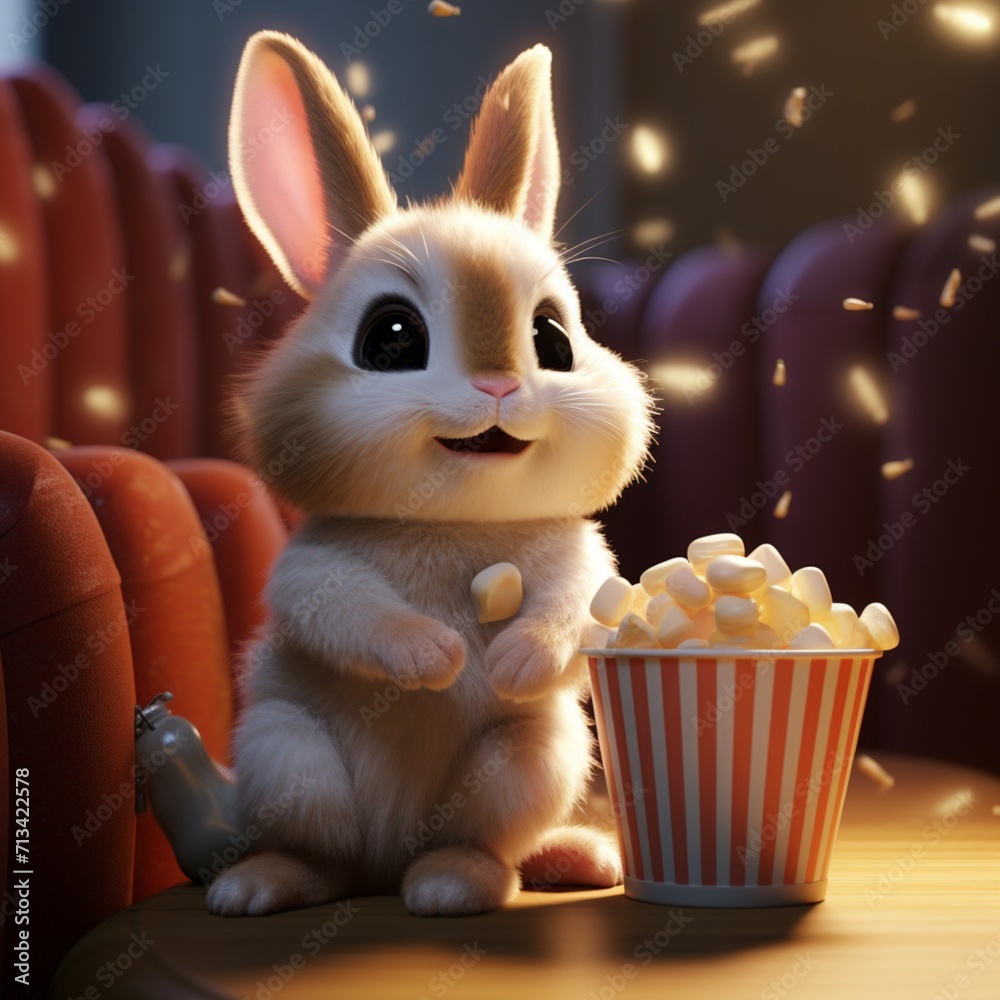 Cute little rabbit is sitting and eating in the cinema Ai generated art