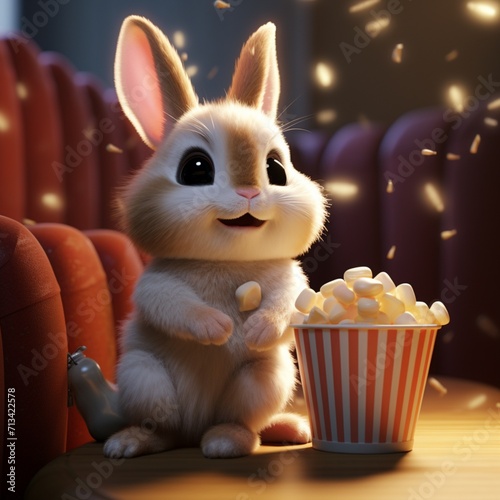 Obraz na płótnie Cute little rabbit is sitting and eating in the cinema Ai generated art w salonie