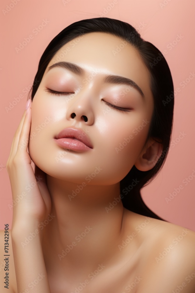 beautiful Asian girl with closed eyes, sleeping woman. clean skin and natural makeup. the concept of spa and beauty products, cosmetology and health. pink background. beautiful Asian girl with closed eyes, sleeping woman. clean skin and natural makeup. the concept of spa and beauty products, cosmetology and health. pink background.