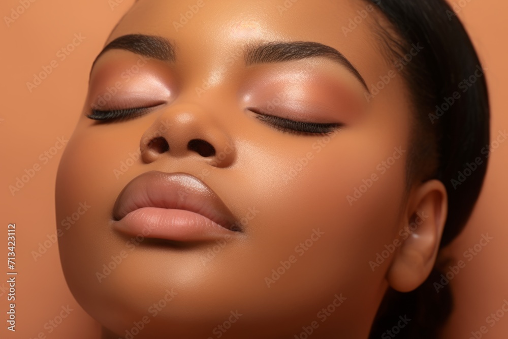 African young plus-size woman with her eyes closed, close-up. dreams and meditation. immersion in your inner world, psychology and self-awareness.