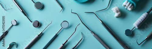 various dental tools are laid out on blue flat background photo