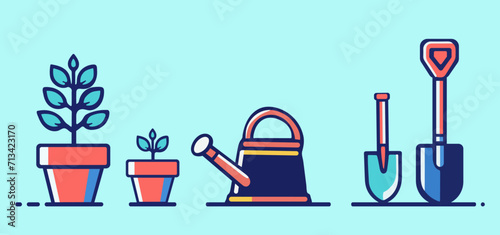 set of various different home plant flower pot, garden trowel, digging shovel, watering can spade tools dual tone vector symbol icon logo horticulture concept illustration growing plants agriculture