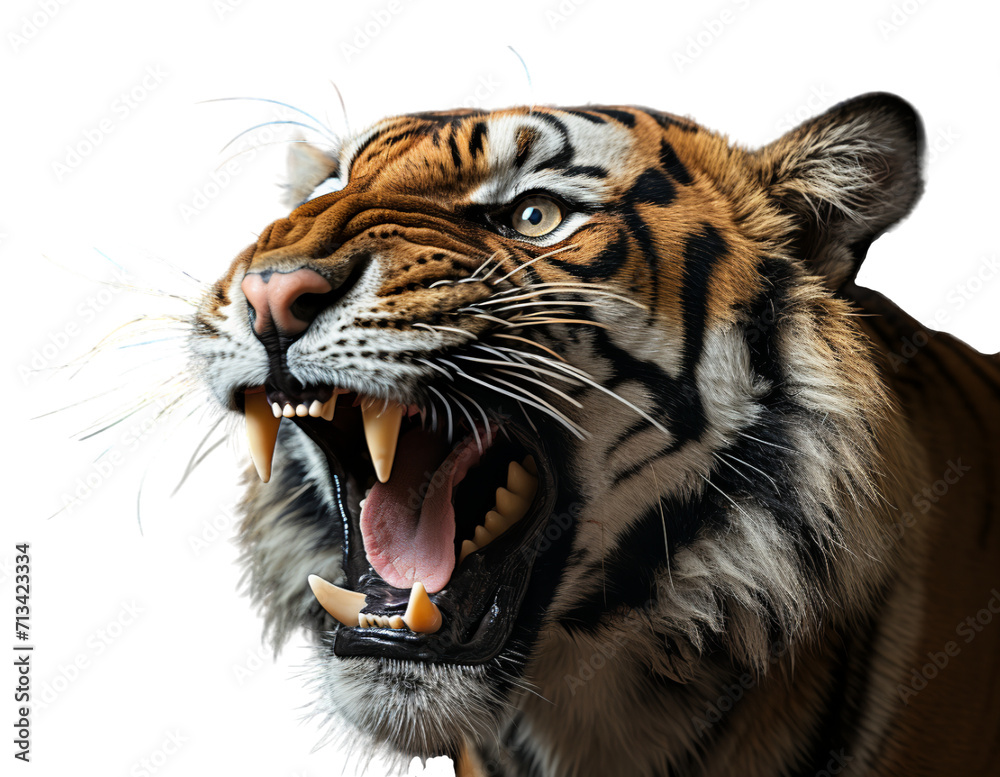 Portrait of a roaring tiger face isolated on a transparent background. generative ai