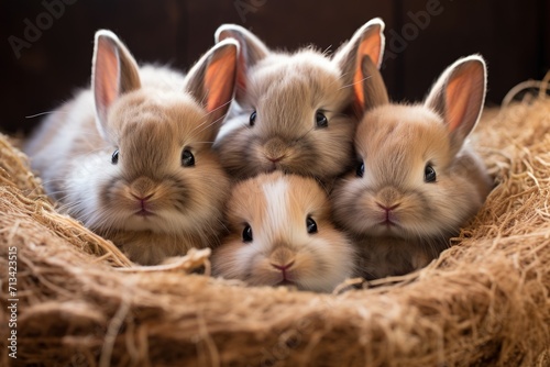 A group of very adorable baby bunny snuggled together in a cozy hay bed