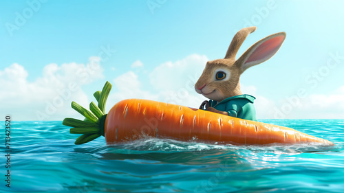 Lustige Illustration. Hase als Kapitän auf einer Karotte Boot schwimmend im Meer. Ostergrußkarte, Einladung, Reisen photo