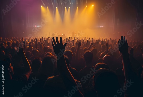 Crowd of people attending a musical performance with hands raised at a concert