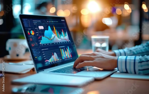 Business finance data analytics graph chart report, man using laptop hand typing investment data