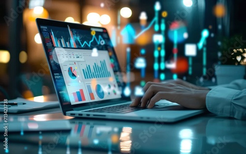 Business finance data analytics graph chart report, man using laptop hand typing investment data photo