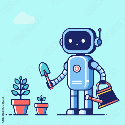 robot helping home gardening with watering can and small garden trowel, shovel tool equipment in hand flower pot, robotic doing housework, housekeeping. cartoon ai character growing plant as farmers