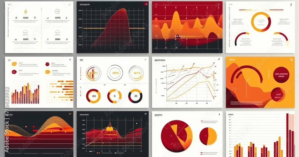 a variety of business presentation graphics, in red, orange, yellow and black