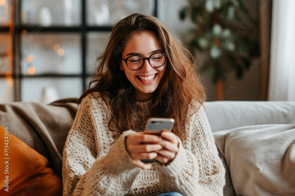 Content Young Lady Laughing While Texting on Couch Content Young Lady Laughing While Texting on Couch