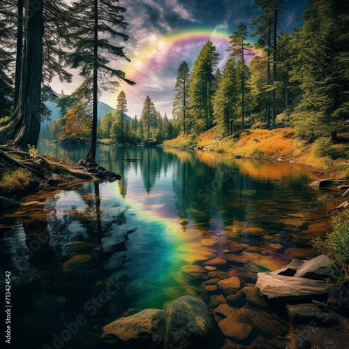 Rainbow lake in a forest