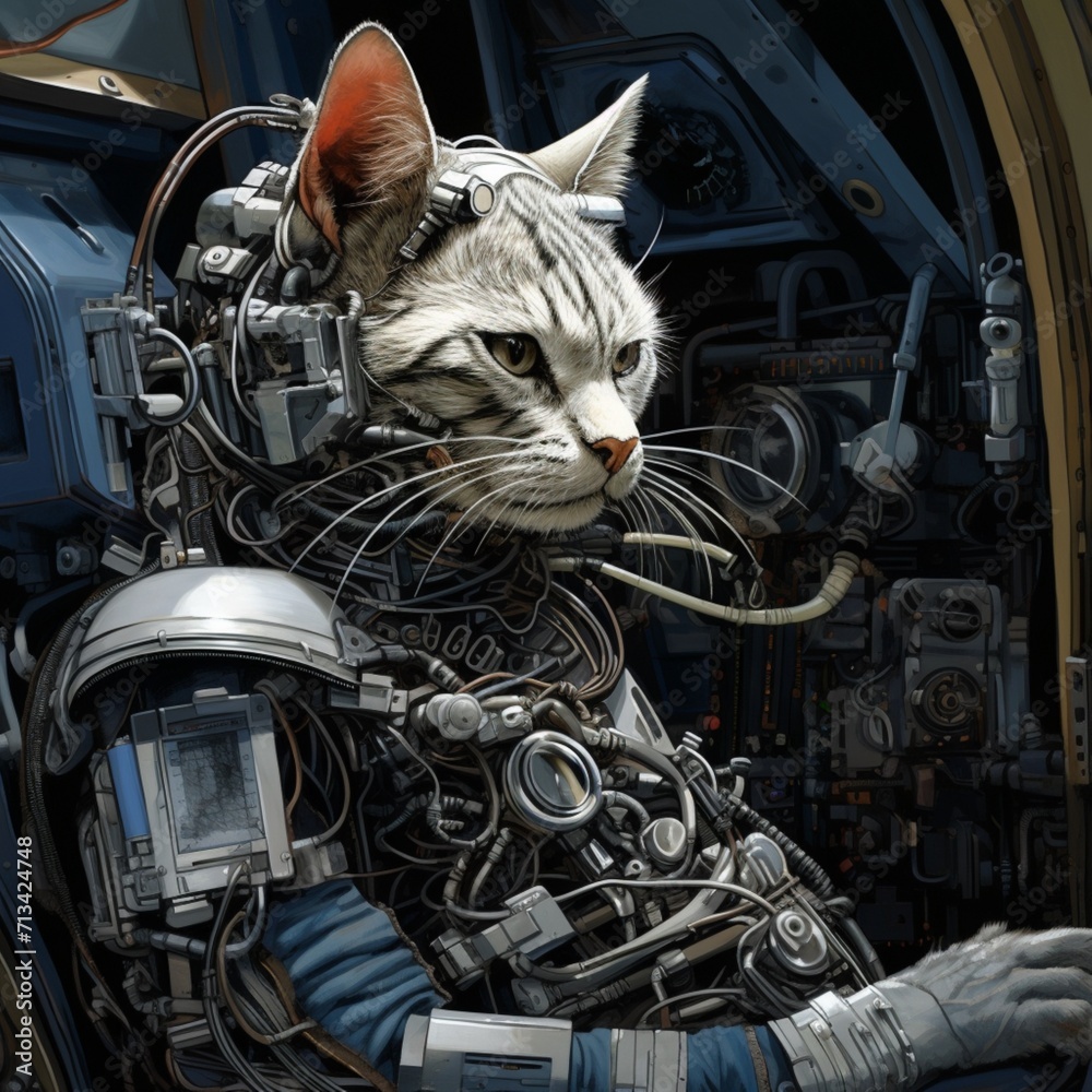 Cyborg cat command detailed minimalist wiring Ai generated art