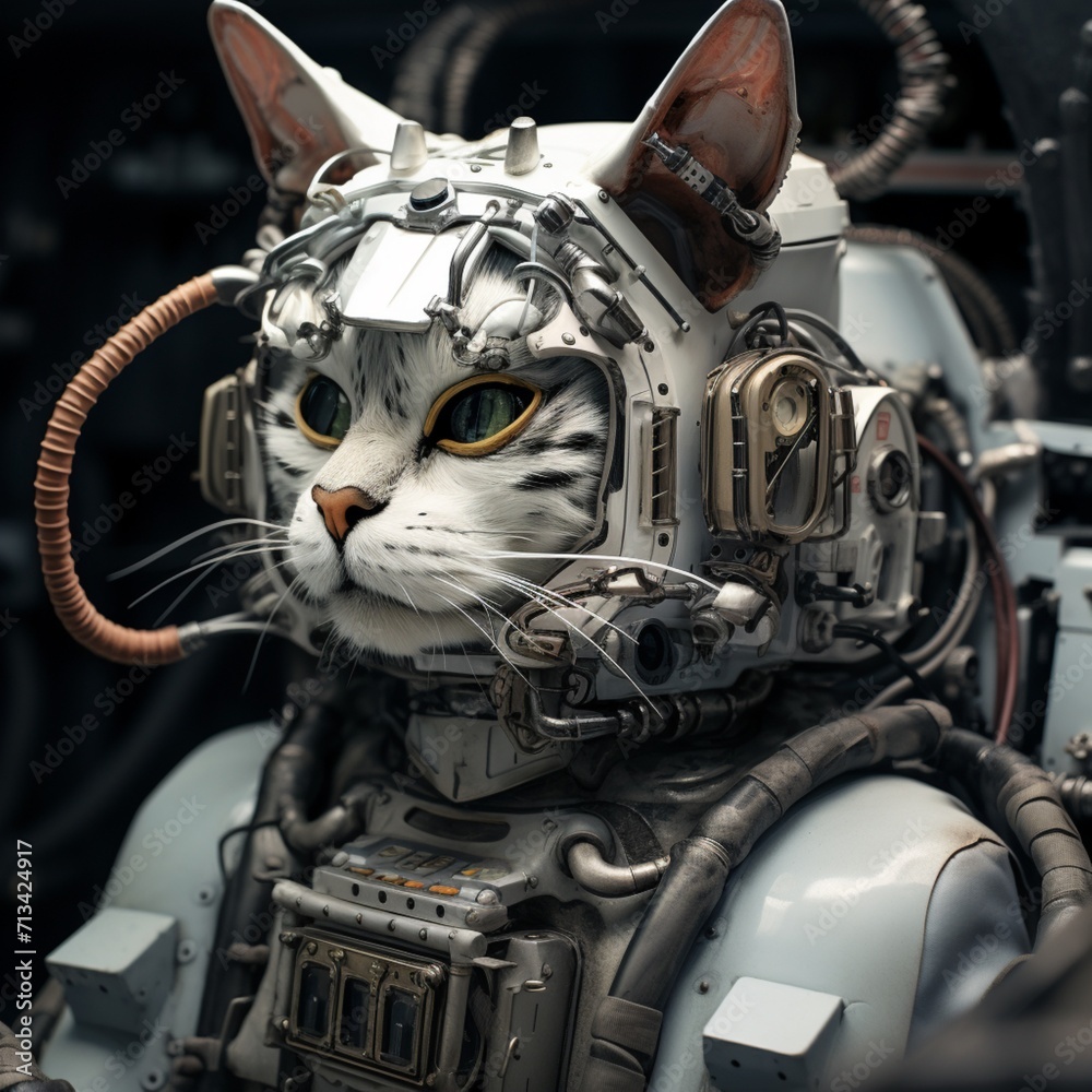 Cyborg cat command detailed minimalist wiring Ai generated art