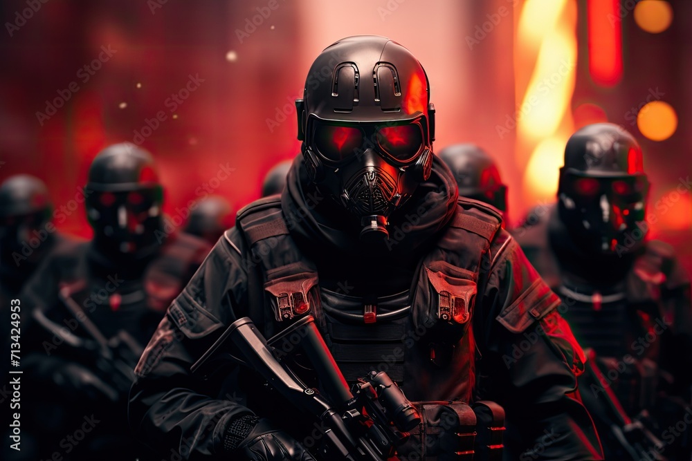 Group of soldiers in military uniform of the special forces, futuristic hi tech soldiers, urban enforcers, team of modern warfare soldiers, special armed forces with modern setup.