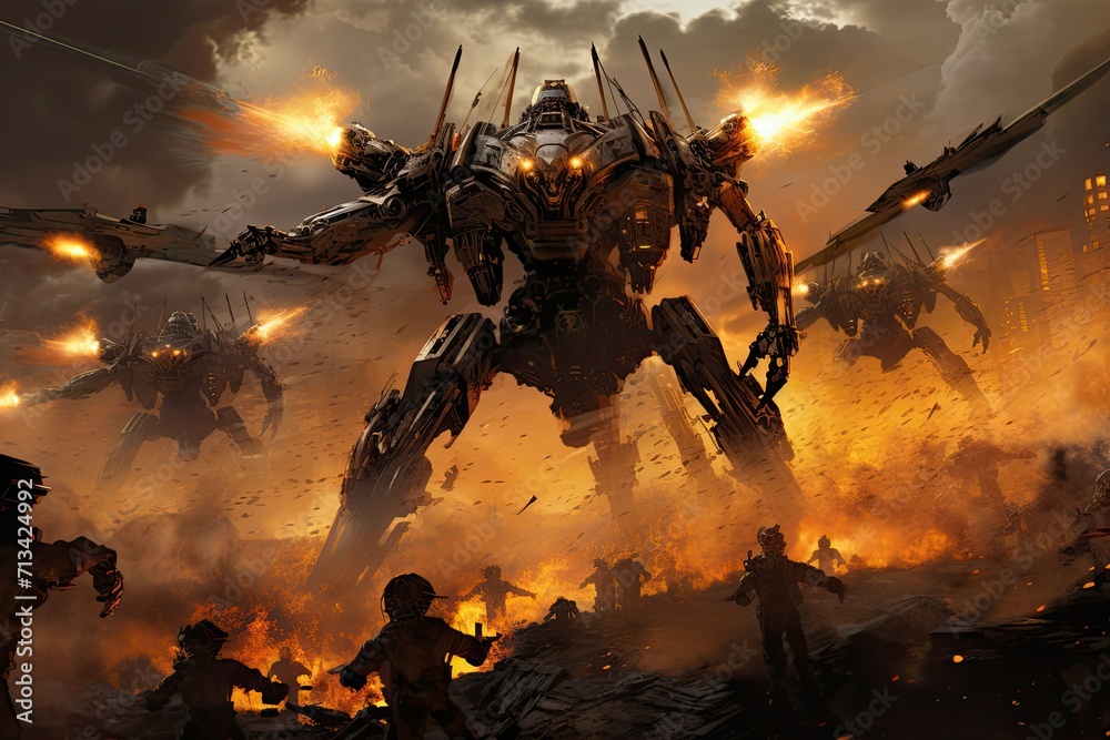 Fantasy scene of soldiers fighting with a giant robot, sci-fi robots standing on the ruins of city in an attacking pose with assault gun, Apocalypse concept, Storm trooper robots.