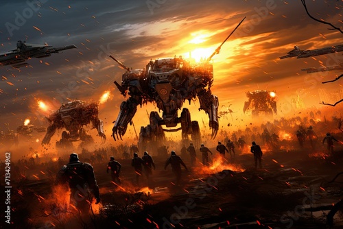 Military silhouettes fighting scene on war fog sky background, War Concept, Soldiers Silhouettes Below Cloudy Skyline at sunset, Attack scene, giant robots vs cyborgs, gaming art.