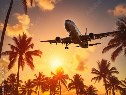 Airplane flying above palm trees in clear sunset sky with sun rays. Concept of traveling  vacation and travel by air transport. Beautiful sky background 