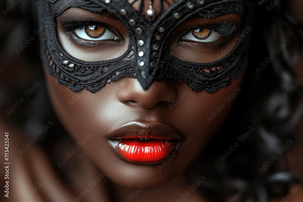 Colorful masks and costumes at traditional Carnival in Venice. Beautiful african american woman in mysterious mask. Venetian carnival. Mardi Gras, masquerade party or holiday event Colorful masks and costumes at traditional Carnival in Venice. Beautiful african american woman in mysterious mask. Venetian carnival. Mardi Gras, masquerade party or holiday event