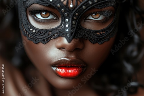 Colorful masks and costumes at traditional Carnival in Venice. Beautiful african american woman in mysterious mask. Venetian carnival. Mardi Gras, masquerade party or holiday event