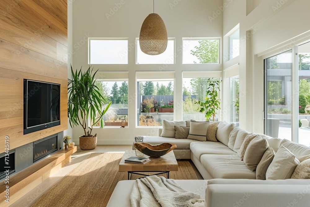 Fototapeta premium Minimalist living room design with natural light and clean lines