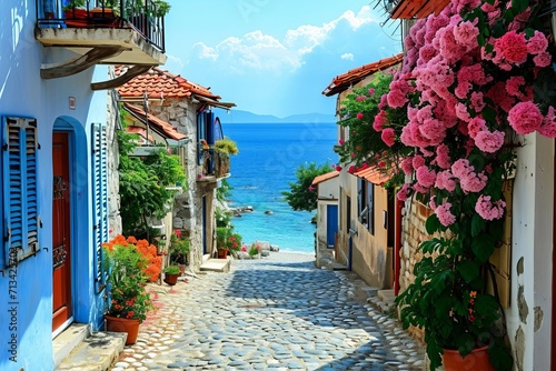Mediterranean seaside village with cobblestone streets and blue waters photo
