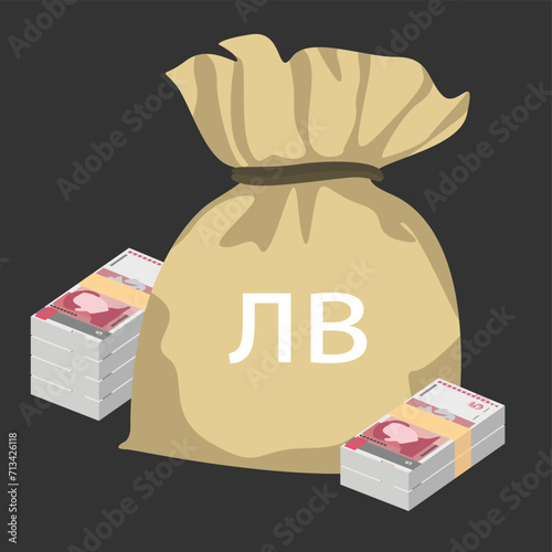 Bulgarian Lev Vector Illustration. Bulgaria money set bundle banknotes. Money bag 5 BGN. Flat style. Isolated on white background. Simple minimal design.