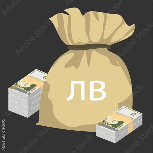 Bulgarian Lev Vector Illustration. Bulgaria money set bundle banknotes. Money bag 10 BGN. Flat style. Isolated on white background. Simple minimal design.