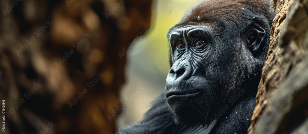 Female infant western lowland gorilla by tree. Copy space image. Place for adding text