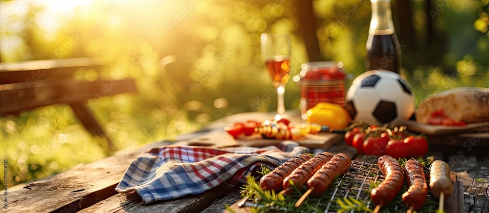 Fototapeta premium Picnic on a meadow with bratwurst on flaming grill and a soccer ball. Copy space image. Place for adding text