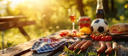 Picnic on a meadow with bratwurst on flaming grill and a soccer ball. Copy space image. Place for adding text