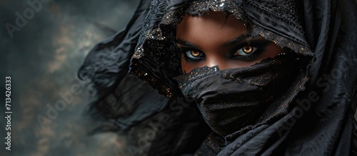 attractive girl in the image of the sorceress in a black cassock with a mask on his face directly looking into the camera. Copy space image. Place for adding text photo