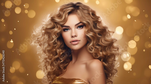 Banner beauty model girl on holiday golden background, woman with beautiful make up and curly hair style wearing gold dress, golden glow, festive celebration, copyspace hyper realistic 