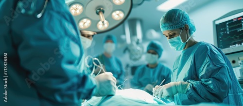 Professional medical team performing surgery in hospital Group of surgeons at work in operation theater. Copy space image. Place for adding text