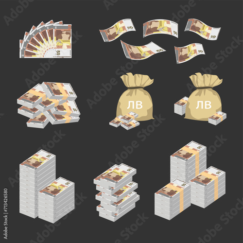 Bulgarian Lev Vector Illustration. Huge packs of Bulgaria money set bundle banknotes. Bundle with cash bills. Deposit, wealth, accumulation and inheritance. Falling money 50 BGN